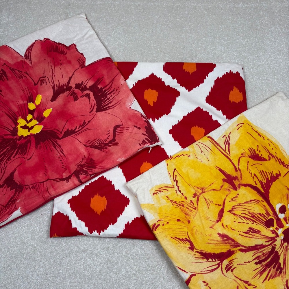 Pottery Barn Set 3 Pillow Covers 20x20 Red Poppy Yellow Floral Ikat Cotton Linen